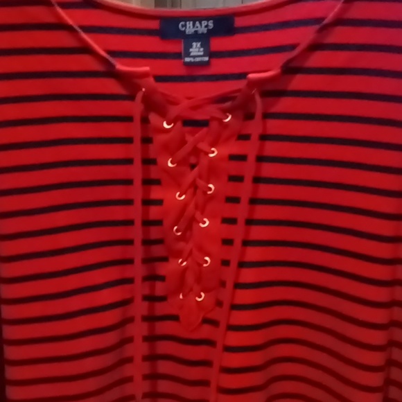 FINAL PRICE CHAPS red & blue striped blouse w laced-up front & gold eyelets 3X - Picture 2 of 4